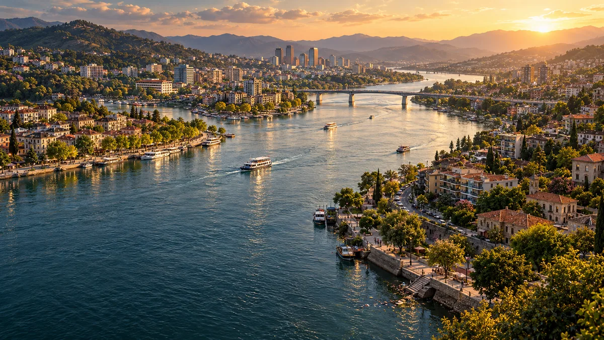 A wide river at golden hour winding between a hillside city and a tree-lined waterfront, with ferries on the water and a bridge in the distance.