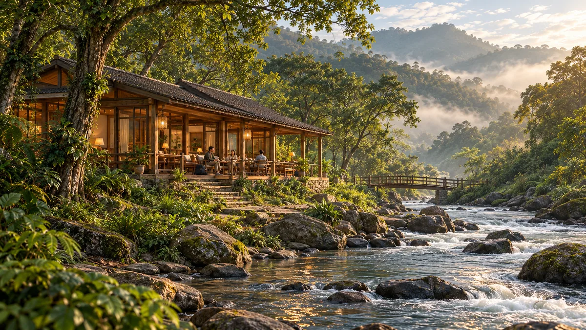 A welcoming timber house with a warm interior under tall trees beside a rocky river, with a footbridge and misty hills at sunrise.